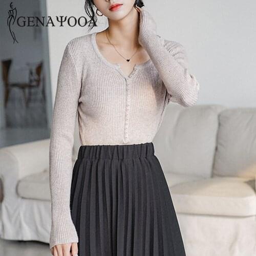 Genayooa Knitted Women Pullover Sweater V Neck Slim Sweater Long Sleeve Basice Knitting Elastic Sweaters 2019 Autumn Winter 2020