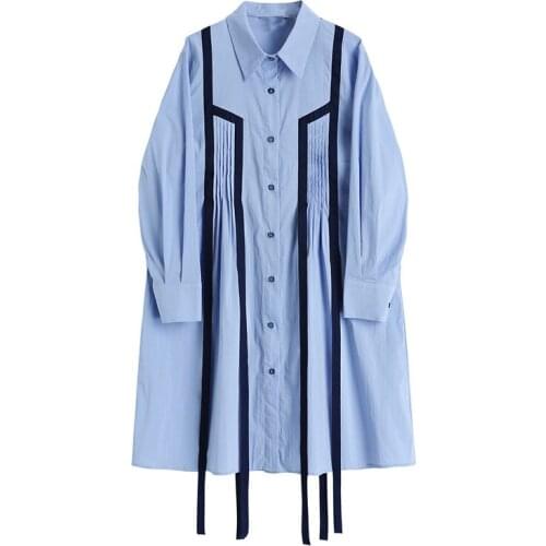 Ribbon Pleated Shirt Dress Womens Midi 2021 New Spring Design Sense POLO collar Long-sleeved Loose Dress Ladies