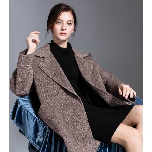 Women s winter coat coffee herringbone Double sided wool cashmere outwear 2019 autumn plus size ladies overcoats long free ship
