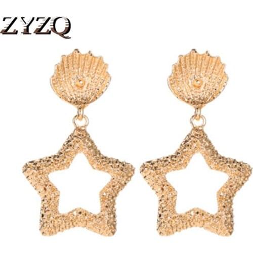 ZYZQ Romantic Korean Stylish Hollow Out Star Earrings For Women With Cute Conch Design Luxury Party Accessories Gift Earrings