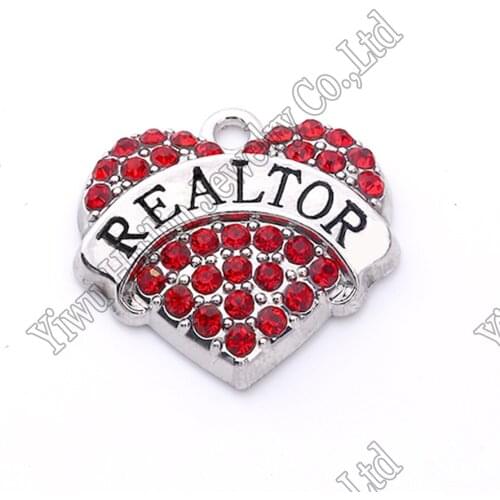 High Quality 20 pcs a lot rhodium plated REALTOR with red/pink/blue/white crystal heart pendant Hot Selling New Arrival