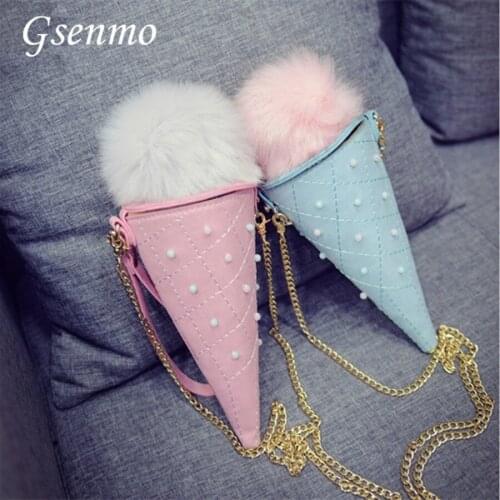 2016 Women Shoulder Bags Zipper Baguette Handbag Children-handbags-for-girls Ice Cream Cone Hair Fur Ball Messenger Phone Cases
