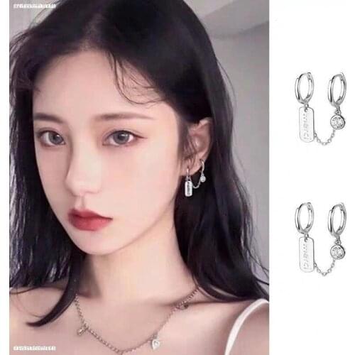 2021 Koren Two Ear Hole Piercing Hoop Earrings Chain Tassel Silver Crystal Simple Cool Style Earring Jewelry for Women Girls