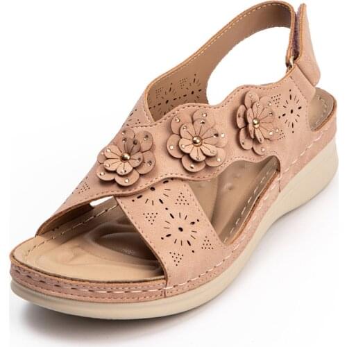 2021 Summer Womens Sandals High Quality PU Leather Comfortable Beach Shoes 5cm Heel Height Wedges Pink Flower Footwear Chunky