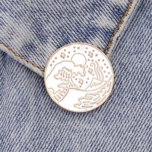 Lotus Wave Round Badge Brooch Seaside Wave Star Moon Ocean Plant Enamel Pin Hat Coat Lapel Brooch Neutral Japanese Gifts