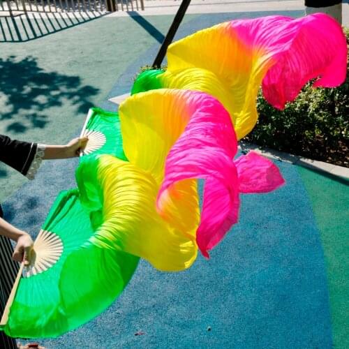 Hits 2016 High selling handmade women Quality Silk Belly Dance Fan Dance 100% Real Silk Veils 1 Pair green yellow rose 180*90 cm