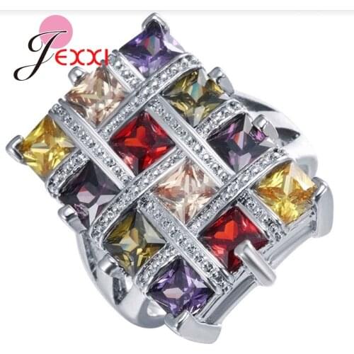 Big Promotion Novel Design Rectangle Shape Multiple Color Small Crystal Inserted Genuine 925 Sterling Silver Rings Latest Style