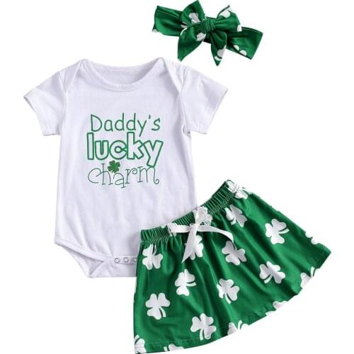 Baby Girl 3 Piece Suit Clover Printed Round Neck Short Sleeve Loose Romper Tops Skirt Bowknot Headband for 0-24M