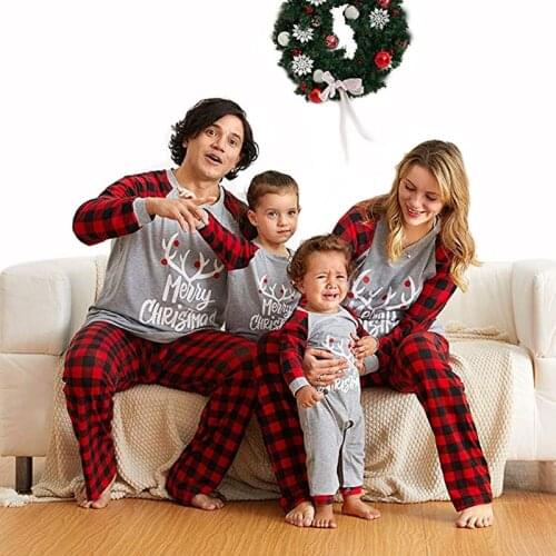 Mens gray warm and plush adult Matching Family Pajamas Sets Christmas PJs plaid deer shirt and pants sets