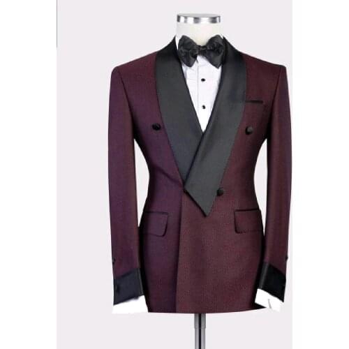 2019 New Burgundy Red With Black Lapel Mens Slim Fit Formal Suits Custom Made 2 Pieces Wedding Tuxedos Suits Jacket Pants