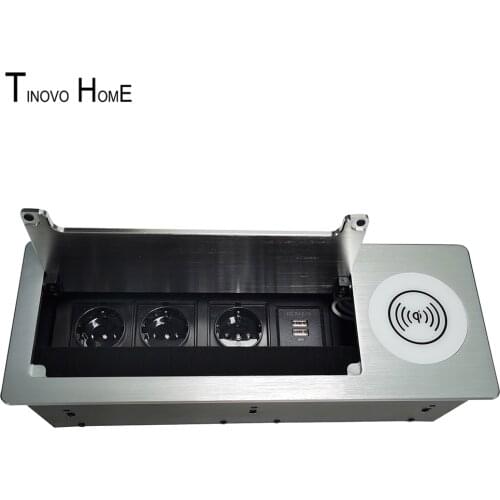 Silver EU standard power/hide home brush clamshell tabletop socket/manual pull up outlet/plug with USB and IQ wireless charging