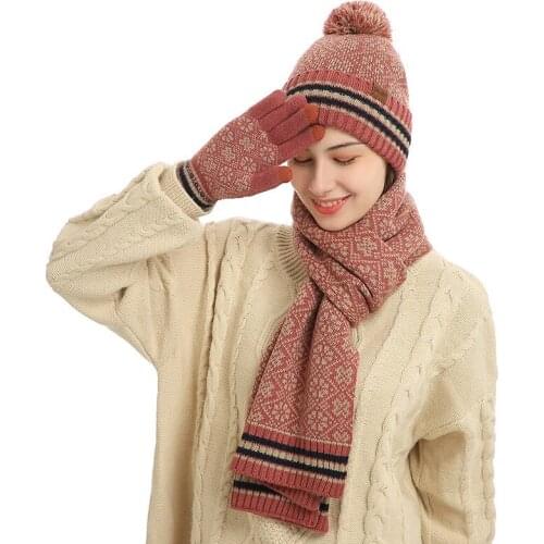 Maikun New Winter Warm Suit Acrylic Knit Woolen Hat Scarf Gloves Fashion Jacquard Thickening And Velvet Three-Piece Suit
