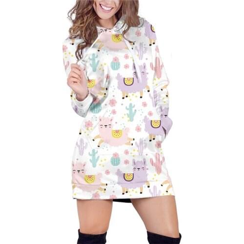 OGKB 3D Animal Alpaca Print Oversized Hoodie Dress Women Long Sweatshirt Summer Kawaii Grass Mud Horse Casual Pullover Tracksuit