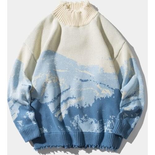 High Neck Mens Sweaters Mountains Oversize Hip Hop Streetwear Harajuku Autumn Winter Thick Pullover Men Sweaters Cashmere