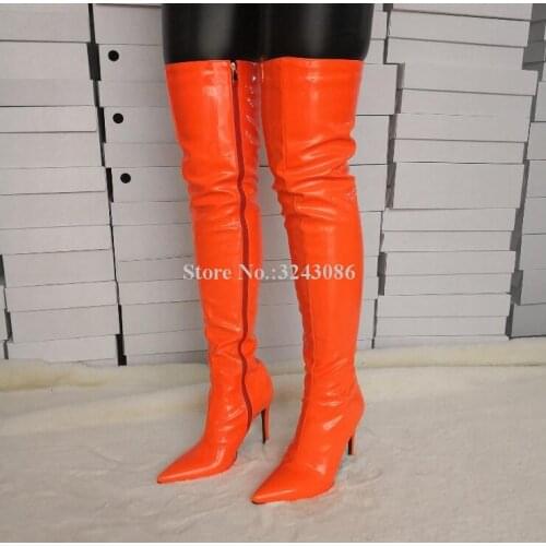 Orange Patent Leather Over the Knee Long Boots Woman Sexy Thin Heel Thin Legs Fashion Boots Ladies Pointed Toe Party Shoes