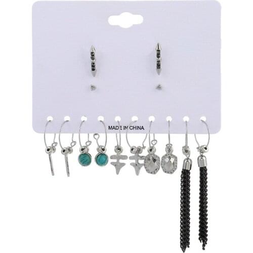 Punk 7 Pairs Pack Set Brincos Mixed Hoop Earrings For Women Silver Colors Earrings with Stone Chain Fashion Jewelry Wholesale