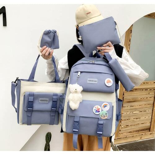 Five - Piece Schoolbag Female Ins Junior High School High School Large Capacity Hipster Fashion Backpack 2021 New Cute