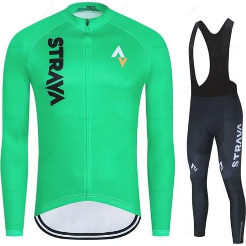 Strava 2022 Spring Autumn Cycling Jersey Set Long Sleeve Jersey Bib Pants Ropa Ciclismo Bicycle Clothing MTB Bike Men Clothes
