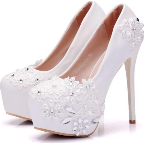 Women Shoes Pumps Dress PU Lace Waterproof platform Round Toe Thin Heels 14 cm High Heels Womens Wedding Shoes
