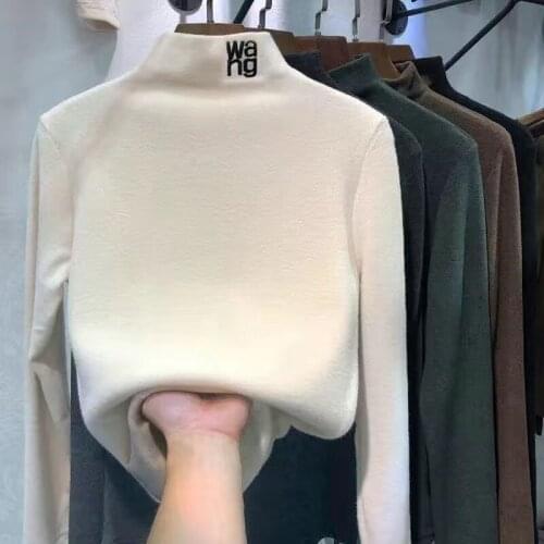 Plus size 3XL embroidery basic shirts women clothes winter slim tops warm long sleeve T-shirt German velvet turtleneck Tees