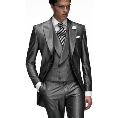 Handsome Mens Suits Groomsmen Peak Lapel Groom Tuxedos Shiny Grey Strips Wedding Best Man Suit (Jacket+Pants+Tie+Vest) A76