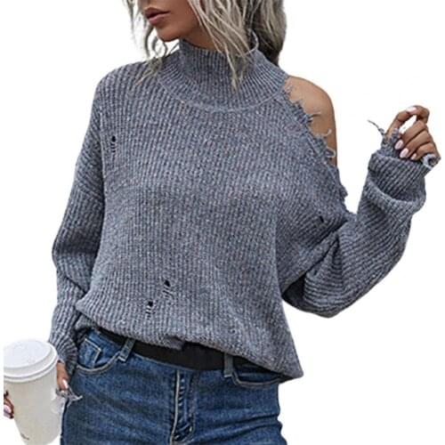 Turtleneck Pullovers Sweater Batwing Long Sleeve Knitwear Jumpers 2021 Autumn Ripped Off Shoulder Knitting Jumpers Office