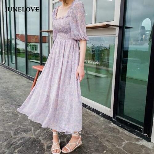 JuneLove Women Summer Chiffon Long Maxi Dress Vintage Square Collar Female Purple Dress Casual Holiday Lady Beach Boho Vestidos