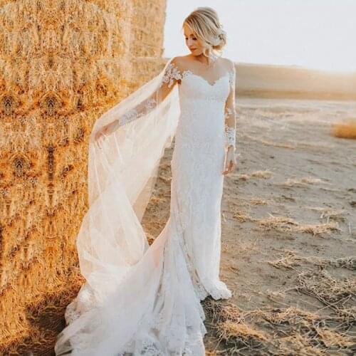 Mermaid Wedding Dresses 2020 Sexy Lace Sheer Neck Vestido Novia Full Sleeve Sheath Boho Bridal Dress Wedding Gowns Button Back