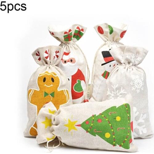 5pcs Christmas Gift Bag Santa Cotton Cloth Drawstring Bag Candy Cookie Packaging Bag Party Festival Decor Supplies