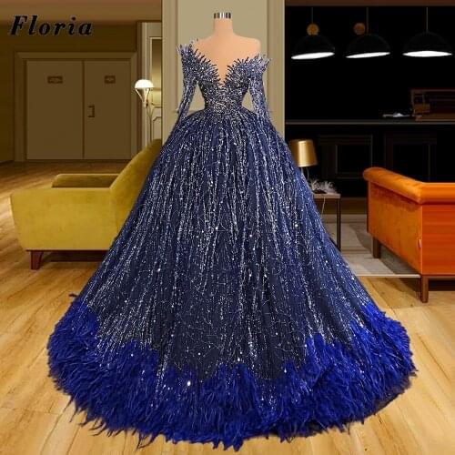 Glitter Blue Long Evening Dresses Women Custom Long Sleeves Party Dress Feathers Evening Wear Dubai Arabic Prom Gowns Plus Size