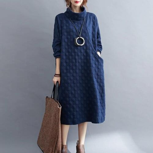 Plus Size One-Piece Dress 2020 Autumn Winter New Loose High Neck Pullover Long Sleeve Polka Dot Cotton Sweatshirt Dress 5XL 6XL