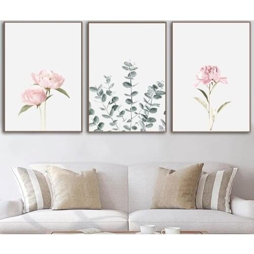 Pink Peony Flower Eucalyptus Leaf Canvas Painting Nordic Minimalist Poster and Print Wall Art Picture for Living Room Home Decor