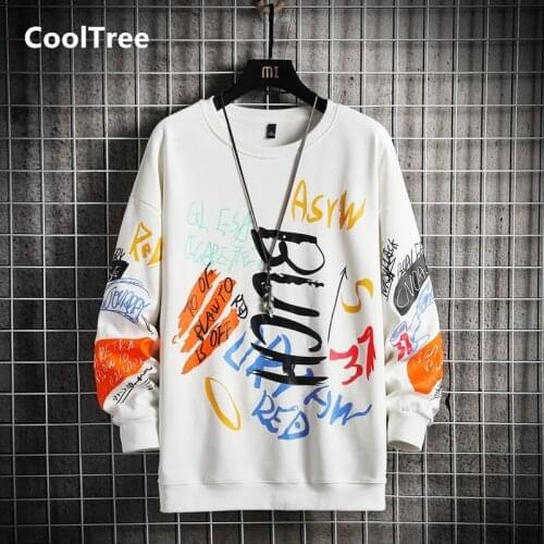 CoolTree Men Casual Sweatshirts Spring Autumn Letter graffiti Round neck Long sleeve Hoodies Male Harajuku Hip Hop Streetwear