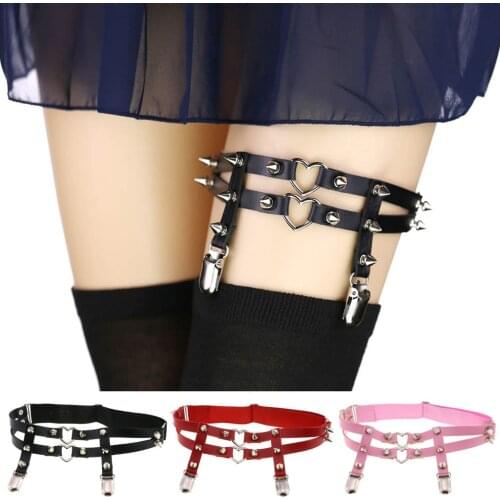 Newest Sexy Double Belt Leg Chain For Women Punk Goth Spike Heart Harness Body Cosplay High Quality Elastic Garter y2k Jewelry