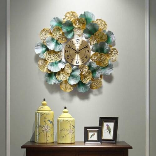 New Chinese Luxury Wrought Iron Ginkgo Leaf Wall Decorative Clock Wall Hangings Crafts Home Livingroom Wall Sticker Decoration