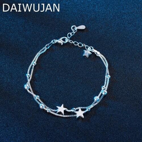 DAIWUJAN New 925 Sterling Silver Bracelet For Women 2020 Double Layers Beads and Stars Chain Bracelets For Wedding Hand Jewelry