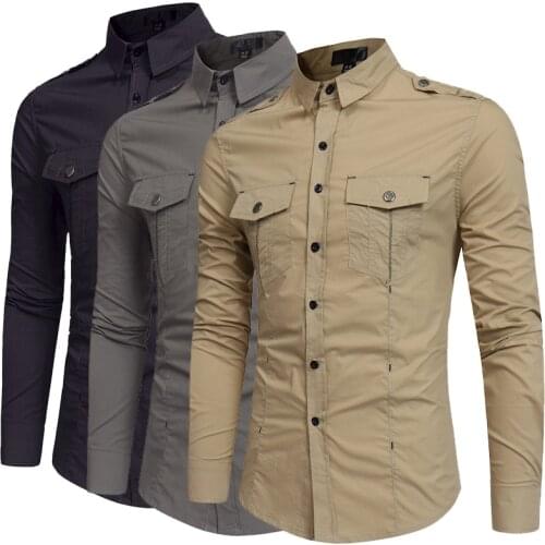 Fall plus size mens European version popular plus size tooling shirt sportsman slim shirt multi-pocket shirt mens shirt