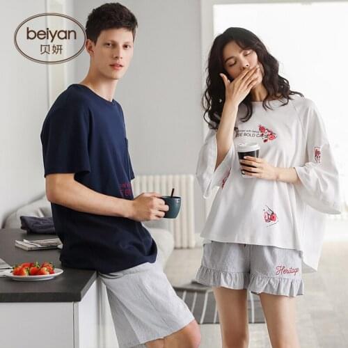 Pajamas Summer Cotton Suit Short Sleeve Mens Or Womens Thin Household Females Loose Couples Clothes Set