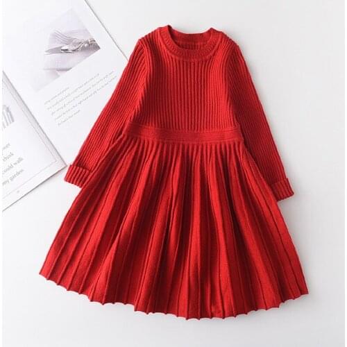 27KIDS Girls Basic Dress Autumn Red Princess Knitted Skirt Dress For Kids Clothes Children Clothing Casual Dresses Sets