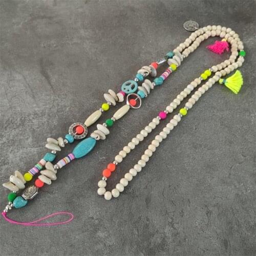 Boho Caki Stone Bead Necklace Strap Lanyard U Disk ID Work Card Mobile Cell Phone Chain Straps Keychain phone Hang Rope