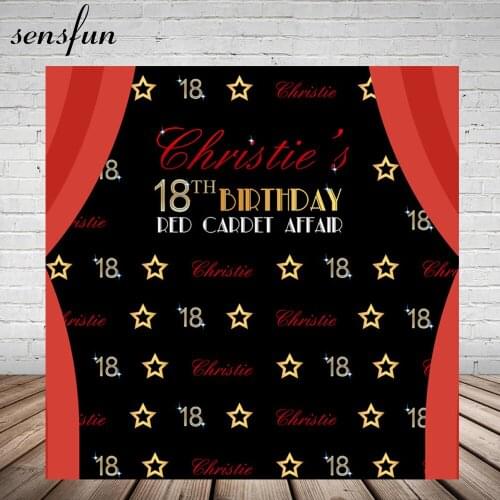 Sensfun Happy 18th Birthday Red Curtain Gold Stars Luxury Backdrop Custom Name Original Design Backgrounds For Photo Studio
