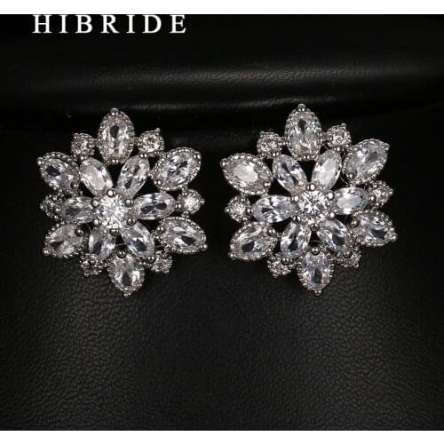 HIBRIDE 2017 Clear Crystal Big Flower Shape Earrings ,White Gold Color AAA Zirconia Stud Earring Party Gifts E-60