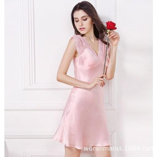 Pure Mulberry Silk nightgown Sexy women nightdress sexy deep V lace bottoming Summer Sleepwear spring autumn