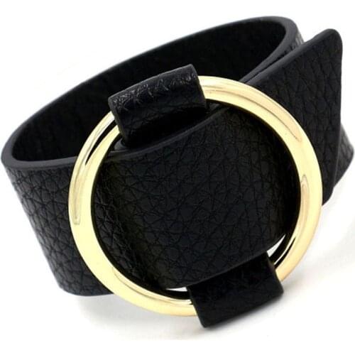 Charm Wide Black Leather Bracelets Multicolor Metal golden Big Circle Wrap Bracelet Femme Wristband Jewelry