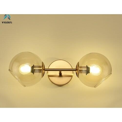 Modern Lustre Gold Metal E14 Led Wall Lamp 2 Light Amber Glass Shades Wall Sonces Sofa Side Bracket Lamp Lighting Fixtures
