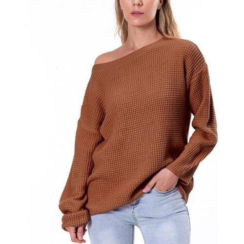 YiYiMiYu 2021 Womens Winter Clothing Fall Winter Slash Neck One Shoulder Off Loose Sweater And Pullover Oversized Knitwear