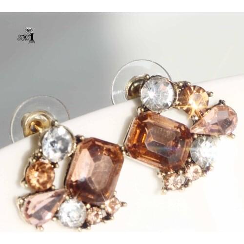 YaYi Jewelry Brown Flower Dangle Crystal Women Ancient Gold Color Wear Ear Band Tassel Wedding Stud Drop Hoop Clip Earrings