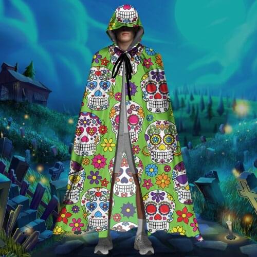 Hot Sale Halloween Hooded Cloak Sugar Skull Pattern Adult Unisex Full Length Vampire Witch Hooded Robe Capes Cosplay Costumes