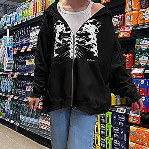Gothic Vintage Oversized Hoodies Y2K Aesthetic Diamonds Skull Print Long Sleeve Sweatshirts 90s Women Jacket Coat Retro Clothes