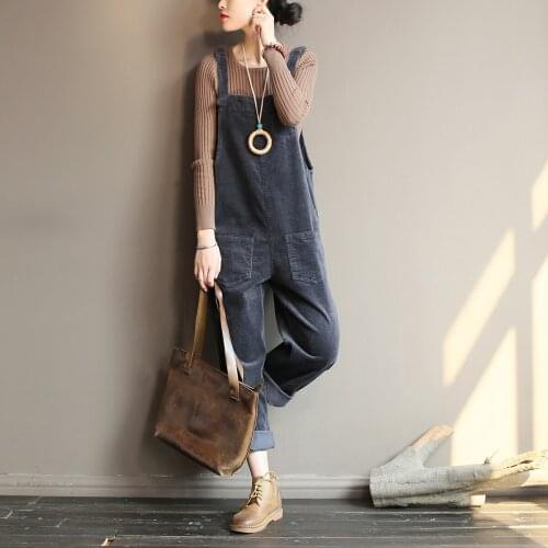 Women Autumn Winter Solid Color Corduroy Cotton Jumpsuits Ladies Retro Casual Loose Rompers Pants Female Overalls Trousers 2018